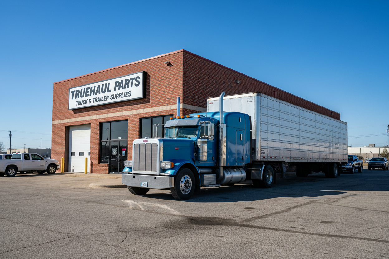 Semi Truck in front of TrueHaul Parts store